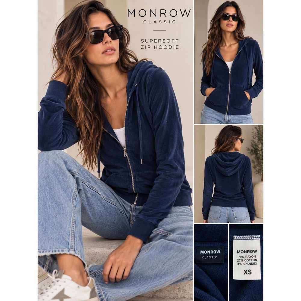 Monrow Classic Navy Blue Zip Up Hoodie French Terry Sweatshirt XS